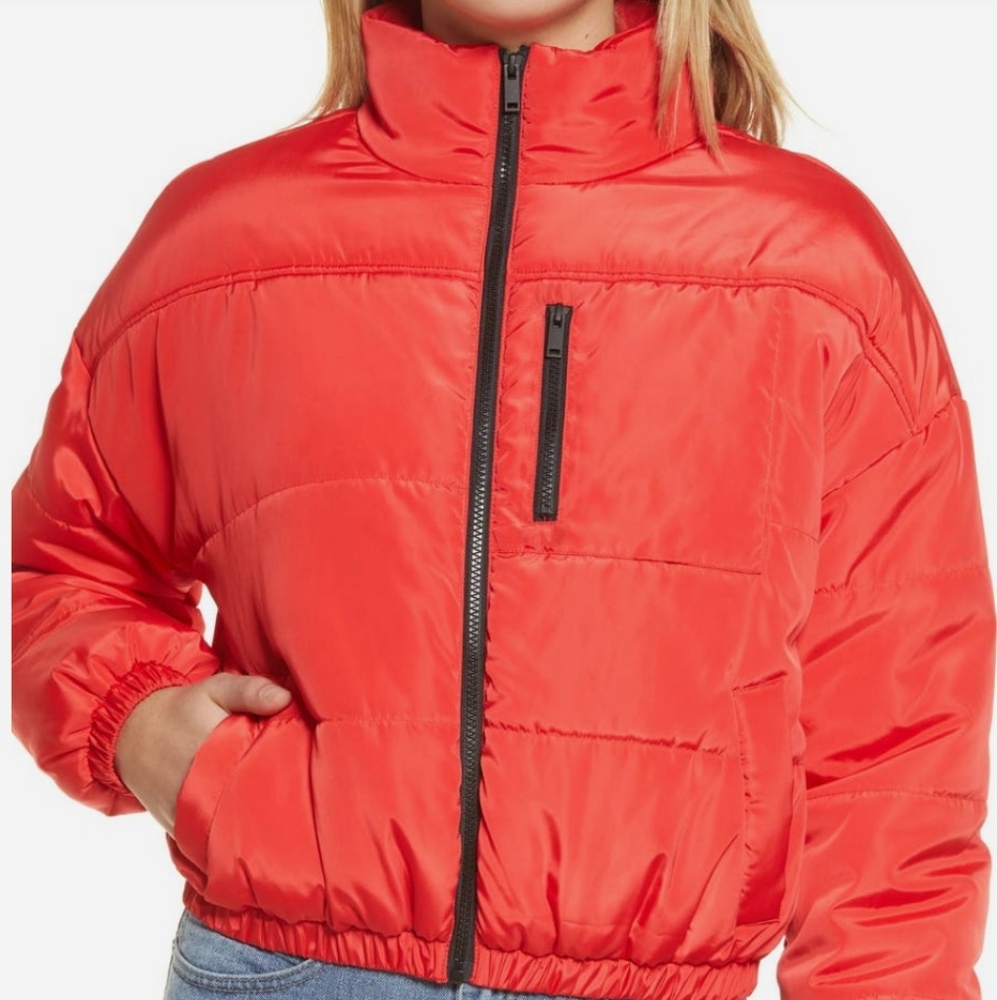 BP Red Cropped Puffer Jacket with Quilted Design